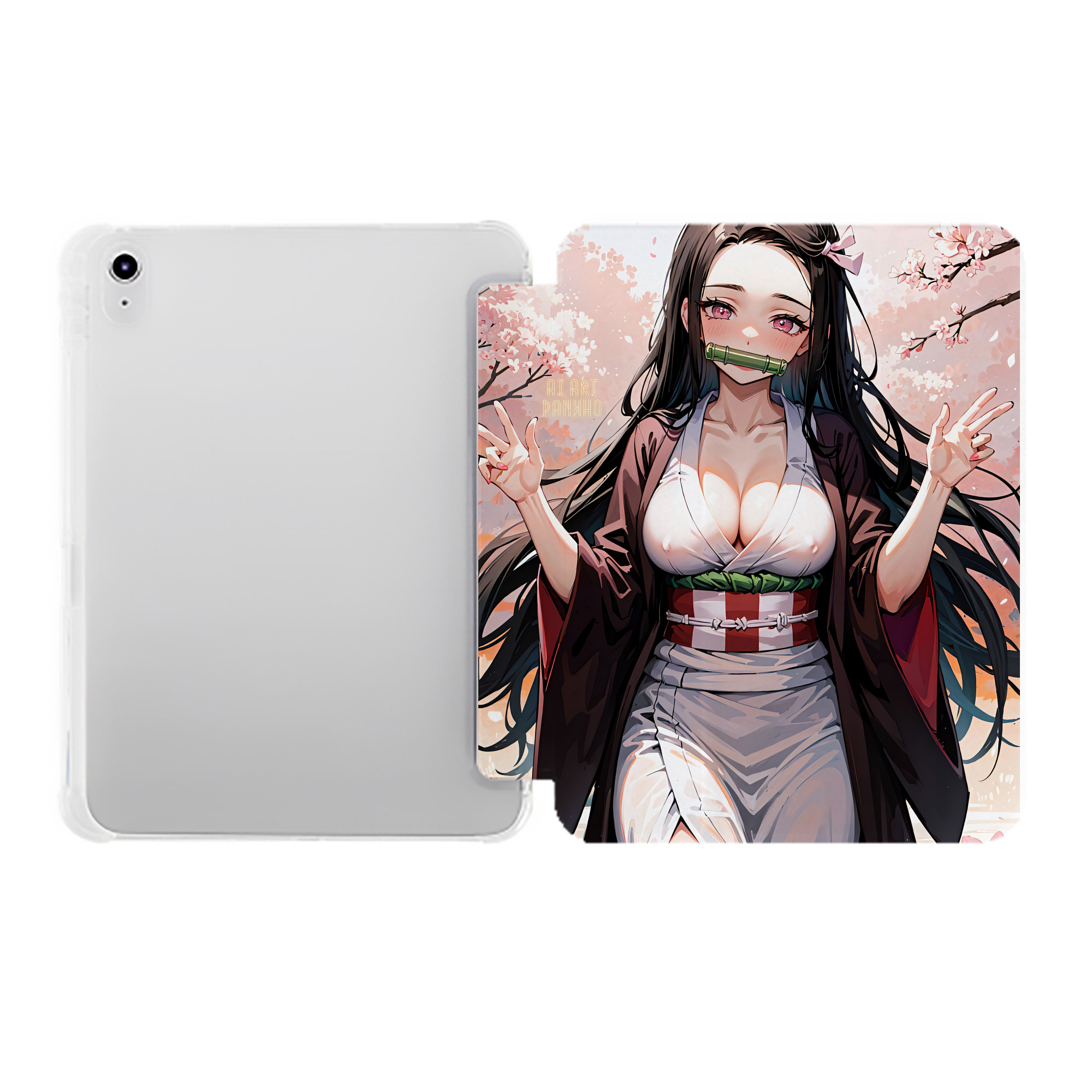 （画像用） 鬼滅の刃（きめつのやいば）竈門 禰󠄀豆子／かまど ねずこ Kamado Nezuko IPad ケース ペン収納付き 三つ折りスタンド PUレザー×シリコン 対応機種9.5/10.5/10.9インチ